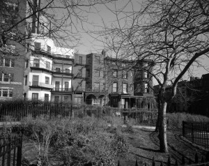 [Looking west from Brooklyn Bridge Park to the houses on Montague Terrace.]